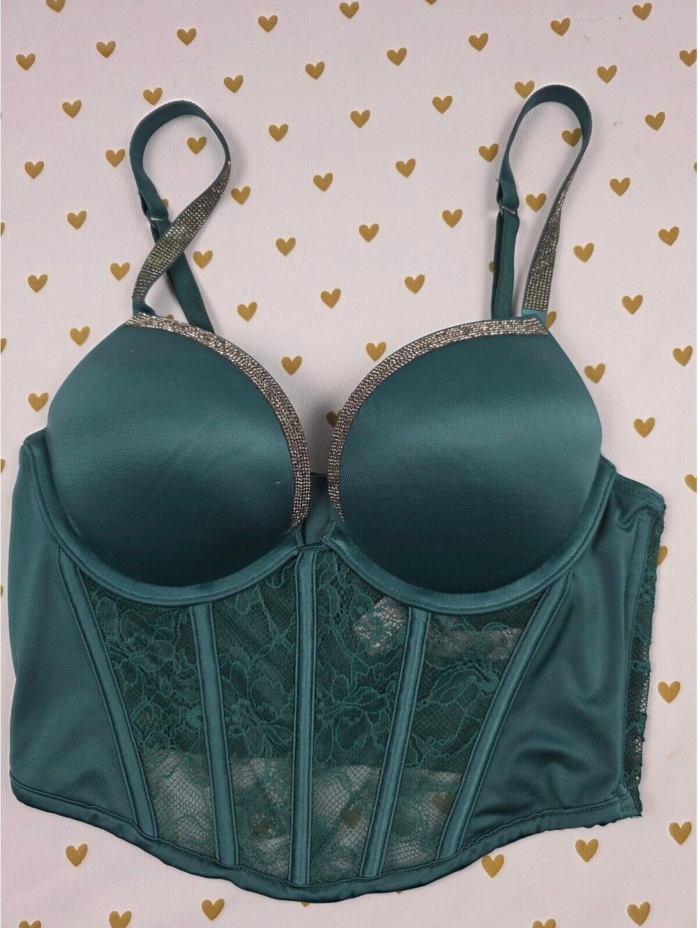 Victoria’s Secret Bombshell Green Rhinestone BLING Corset Bustier Bra 32a